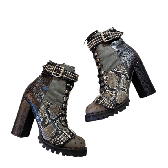 Jeffrey Campbell Lilith Black And Gray Studded Snake Platform Heeled Booties 7 - Picture 10 of 12